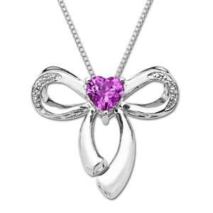 Sterling Silver Created Pink Sapphire with Diamond Heart Bow Pendant 