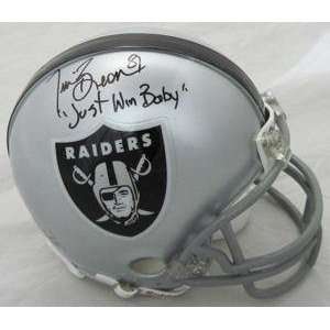 Signed Tim Brown Mini Helmet   Oakland w Just Win Baby   Autographed 