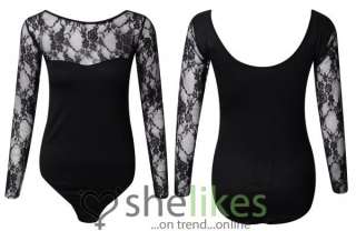 Womens Long Sleeve Bodysuit Ladies Lace Insert Cut Out Stretch Leotard 