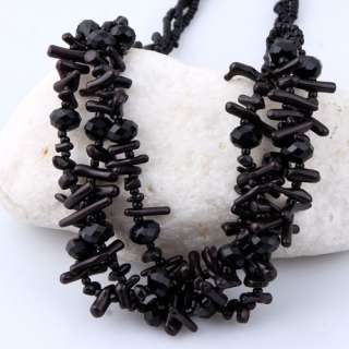 Uneven Size Crushed Stone Small Black Glass Bead 3 Chain Strand 