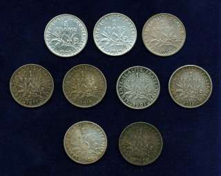 FRANCE 1 FRANC SILVER COINS 1901, 1905, 1908, 1910, 1911, 1914, 1915 