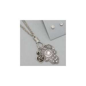  Hamsa (Hands of God) Religious Necklace, Silver Burnished 