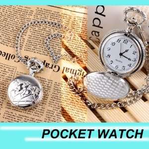   White Circular Dial Silver Horses Running Pocket Watch W0362 Beauty