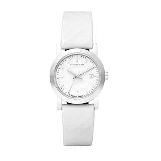 BURBERRY ETCHED WHITE PATENT SIGNATURE CHECKED LEATHER WATCH BU1380 
