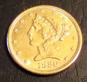 1880 $5 FIVE DOLLAR GOLD HALF EAGLE LIBERTY GOLD AU BU  