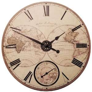  Antiqued Dual Hemisphere World Map Dial Wall Clock: Home 