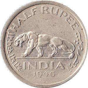 1946 India (British) 1/2 Rupee Coin Indian Tiger KM#553  