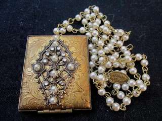 Necklace Locket Hidden Heart Antique Style Pearl Rhinestone Big 