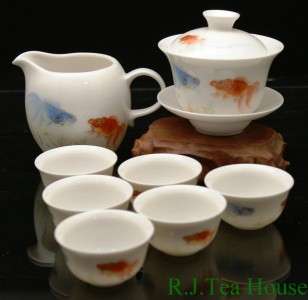 Hengfu Fish Joy Porcelain Tea Ware Sets Gaiwan+Pitcher+6 Tea Cups Sets 