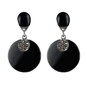  Black Onyx with Marcasite Round Drop Earring: Jewelry