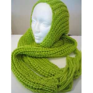  Winter Knit Hat HOOD Neck Scarf GREEN, acrylic, ski sports 