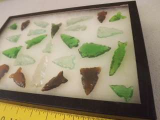 27 Point Knapped Arrowheads Reproduction Flint Art Colored Glass 