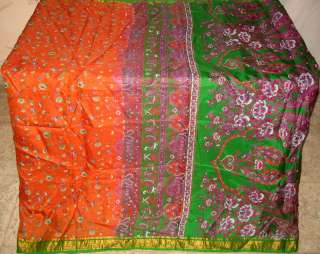 Orange Green Pure Silk Vintage India Sari Saree Fabric  