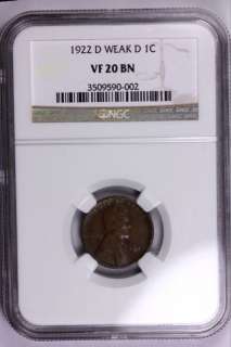 1922 Weak D No D type 1 Lincoln Wheat Cent NGC VF20  