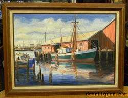  on Canvas Large Rockport Fishing Docks Boats Signed Painting  
