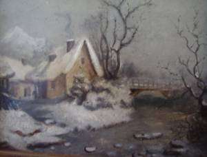 c1920 Snow Cottage Winter Hills Landscape Oil Painting  