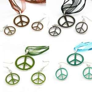H987x Lots 4 Set GEMSTONE Peace Sign Necklace Earring  
