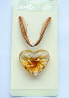 Heart Flower Inside Clear Murano Lampwork Glass Pendant Necklace 