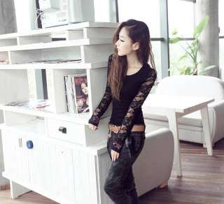   Lady Sexy Slim plice Lace O neck Long Sleeve Tops T shirt 8743  