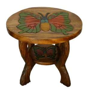   Carved Wood Childrens Table With Butterfly Design & Painted Accents