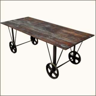   Wood Iron Metal Trolley Table Distressed Industrial Cart Wheel  