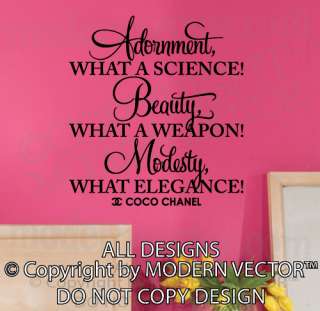 Coco Chanel Quote Vinyl Wall Decal Lettering MODESTY, WHAT ELEGANCE 