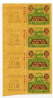 Ohio Mint $15 Strip of 4 Revenue Sales Tax Stamps. Make multiple 