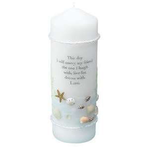  Coastal Mist Pillar Candle with Verse With Seashells and 