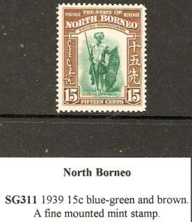 NORTH BORNEO SG311 1939 15c BLUE GREEN & BROWN MTD MINT  