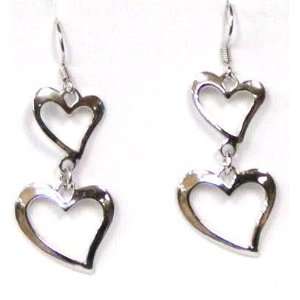  925 Sterling Silver Two Hearts Drop Earrings 2 in Gift 