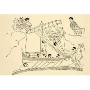 1890 Wood Engraving Sirens Odysseus Song Ship Sailing Bird Mythology 