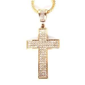  Gold Iced Out Single Edge Bent Points Block Cross Pendant 