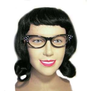  50s 60s Fancy Dress Kit Black Flick Wig & Wing Glasses 