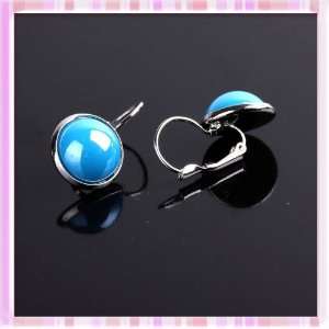  Vintage Lady Blue Round Acrylic Bead Metal Hook Big Earrings 
