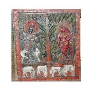 Antique India Carving Colorful Radha Krishna Wall Decorative Panel 36 