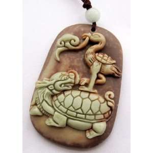 Chinese Two Layer Stone Crane Ruyi As One Wishes Turtle dragon Amulet 