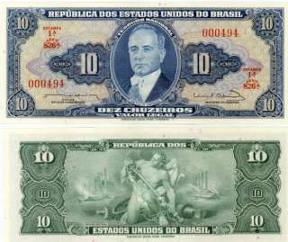 BRAZIL 10 CRUZEIROS P 167b UNC NOTE G. Vargas 1963  