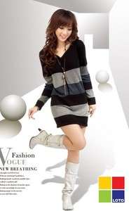 New Fashion Korea Stripe v Neck Long T Shirt Dress Coat 2 Colors 