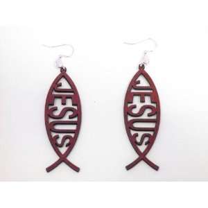Cherry Red JESUS Fish Symbol Wooden Earrings