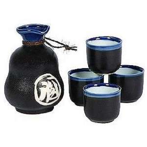  Japanese Black & Blue Sake Set with Sake Character 