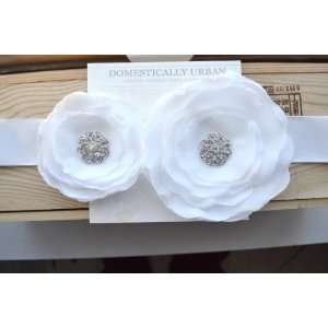  Satin White Flower Sash with Rhinestone Embellishments 