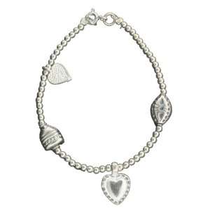   Sterling Silver 5 3/4 Inch Beaded Heart Charm Baby Bracelet Jewelry