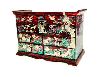 Jewelry Box Inlaid with Mother of Pearl Pine Tree and Red Paper
