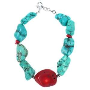 Sterling Silver Turquoise Nugget and Coral Bracelet 
