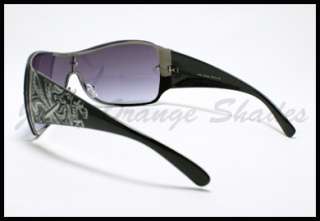   Fleur De Lis Design SHIELD Fashion Sunglasses GUN METAL BLACK  