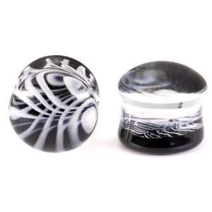   Pair Black and White Feather Pyrex Glass Plugs 0g 0 gauge 8mm Jewelry