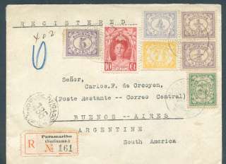SURINAME to ARGENTINA Registered Cover 1935 VF  