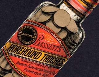 Bassetts Horehound Troches Cold Sore Throat bottle die cut Rochester 
