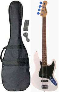 NEW WHITE ELECTRIC J BASS GUITAR + GIG BAG CASE + STRAP + AMP CORD 