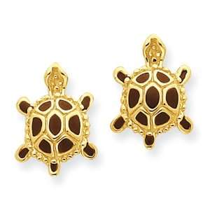  14k Gold Brown Enamel Sea Turtle Post Earrings: Jewelry